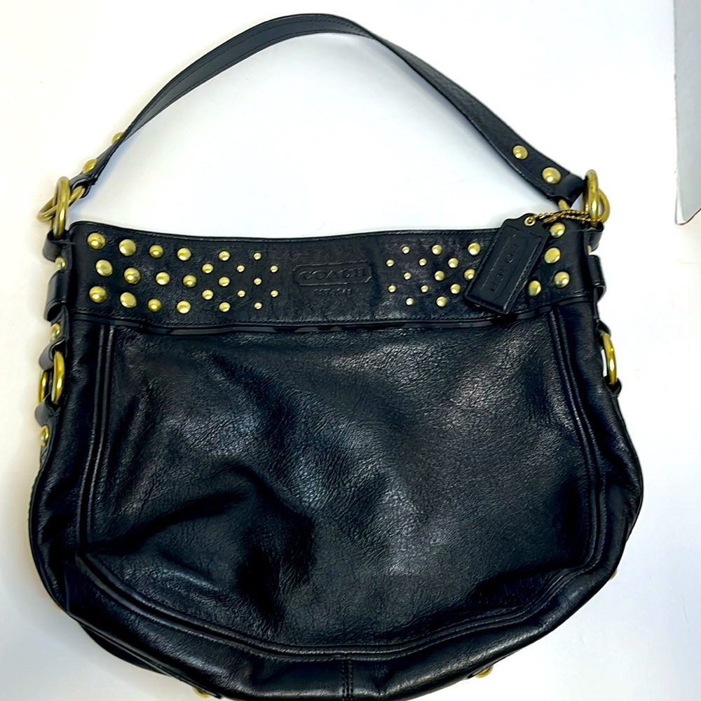Coach Black Leather Shoulder Bag with Gold Studs
